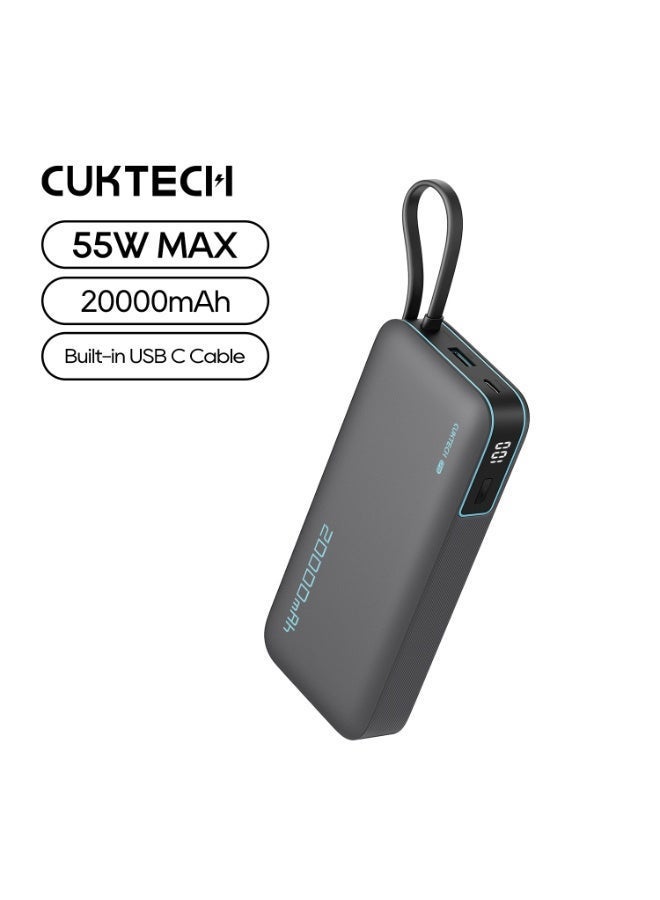 CUKTECH CP25 Power Bank, 20000mAh 55W Portable Travel Charger Built-in USB C Cable, Fast Charging Battery Pack for Xiaomi, Redmi, Poco, iPhone, Samsung, Honor, Switch, etc (Grey) - Image 1